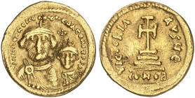 BYZANTINISCHE MÜNZEN. Heraclius, 610 - 641.&nbsp;&nbsp; 
 Ein weiteres Exemplar. 5. Offizin.
S. 738 Gold 4,32 g ss