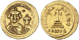BYZANTINISCHE MÜNZEN. Heraclius, 610 - 641.&nbsp;&nbsp; 
 Ein weiteres Exemplar. 5. Offizin.
Gold 4,33 g winz. Kr., ss