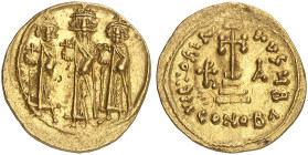 BYZANTINISCHE MÜNZEN. Heraclius, 610 - 641.&nbsp;&nbsp; 
 Solidus. Drei Regenten / Stufenkreuz, Monogramme. 2. Offizin.
S. 766 Gold 4,44 g winz. Sfr...