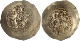 BYZANTINISCHE MÜNZEN. Manuel I. Komnenos, 1143 - 1180.&nbsp;&nbsp; 
 Elektron-Aspron-Trachy (Skyphat). Stehender Christus zwischen zwei Sternen / Kai...