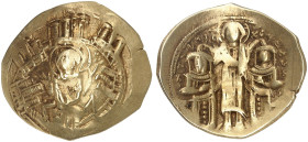 BYZANTINISCHE MÜNZEN. Andronikos II. und Michael IX., 1295 - 1320.&nbsp;&nbsp; 
 Hyperpyron (Skyphat). Mutter Gottes, von Stadtmauer umgeben aus sech...