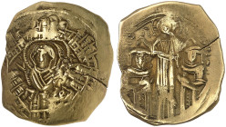 BYZANTINISCHE MÜNZEN. Andronikos II. und III., 1325 - 1334.&nbsp;&nbsp; 
 Hyperperon (Skyphat). Mutter Gottes, umgeben von Stadtmauer / Christus zwis...