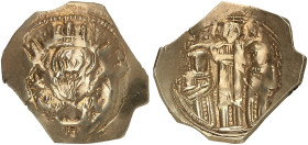 BYZANTINISCHE MÜNZEN. Andronikos II. und III., 1325 - 1334.&nbsp;&nbsp; 
 Hyperpyron (Skyphat). Mutter Gottes, von Stadtmauer umgeben / Christus zwis...
