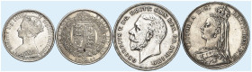 EUROPA. ENGLAND. Victoria, 1837-1901.&nbsp;&nbsp; 
 Lot von 4 Stück: Gothic Florin 1873, 1/2 Crown 1887, Crown 1889, George V., Crown 1935.
Dav. 107...