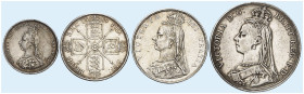 EUROPA. ENGLAND. Victoria, 1837-1901.&nbsp;&nbsp; 
 Lot von 4 Stück: Shilling 1887, Florin, 1/2 Crown 1889, Crown 1890.
Dav. 107, Seaby 3926, 3925, ...
