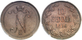 EUROPA. FINNLAND. - unter russischer Herrschaft. Nikolaus II., 1894-1917.&nbsp;&nbsp; 
 10 Penniä 1896.
Uzd. 4757, Bitkin 424 PCGS MS 62 BN, vz - St...