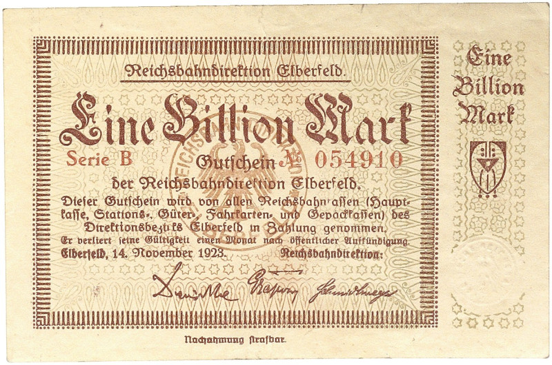 REICHSBAHN. Elberfeld.&nbsp;&nbsp; 
 Lot von 11 Scheinen: 1 Million - 1 Billion...