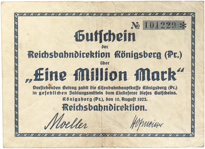 REICHSBAHN. Königsberg.&nbsp;&nbsp; 
 Lot von 6 Scheinen: 100 000 - 100 Milliar...