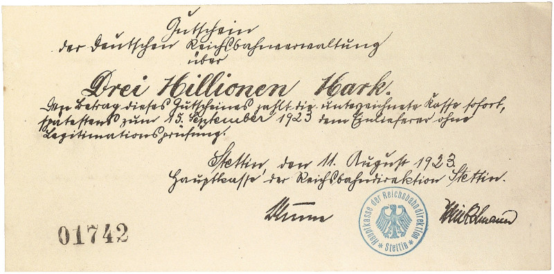 REICHSBAHN. Stettin.&nbsp;&nbsp; 
 Lot von 3 Scheinen: 500 000, 1 Million, 3 Mi...