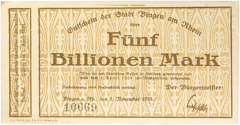 NOTGELD. HESSEN. Bingen, Stadt und Kreis.&nbsp;&nbsp; 
 Lot von 26 Scheinen: Ty...