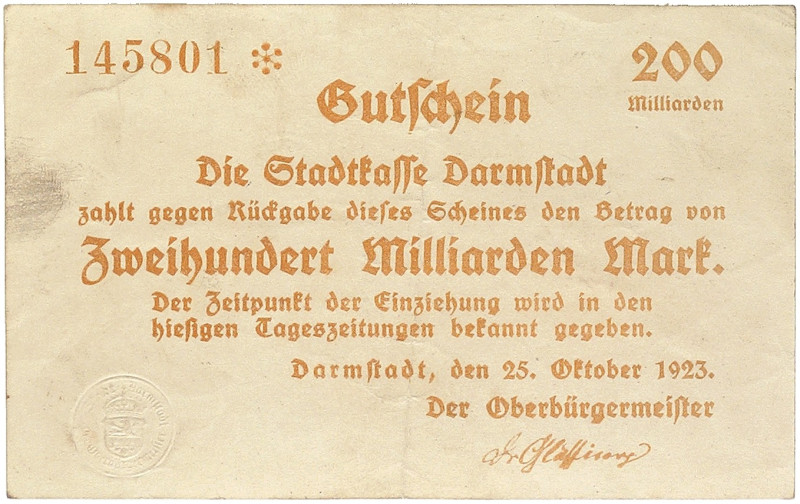 NOTGELD. HESSEN. Darmstadt, Stadt.&nbsp;&nbsp; 
 Lot von 23 Scheinen: 100 Mark ...