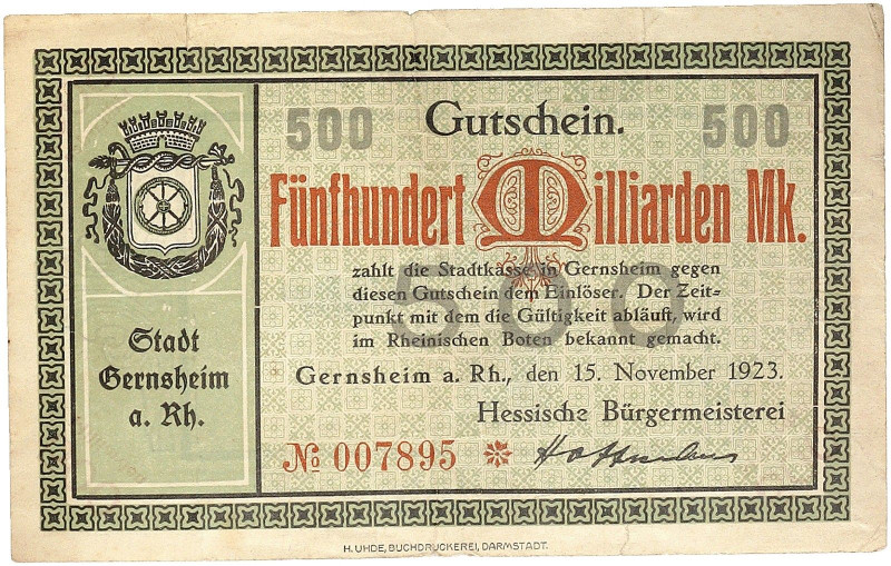NOTGELD. HESSEN. Gernsheim, Stadt.&nbsp;&nbsp; 
 500 Milliarden Mark 15.11.1923...