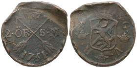 Sweden, Fryderyk I, 1720 -1751. 2 öre 1751. 27.99 g - 37.16 mm.