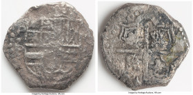 Philip IV "Pipa de Arcilla" Cob 8 Reales ND (1622) P-P/T XF (Shipwreck Effect), Potosi mint, KM19, Cal-1437. 23.94gm. Transposed Lions and castles var...