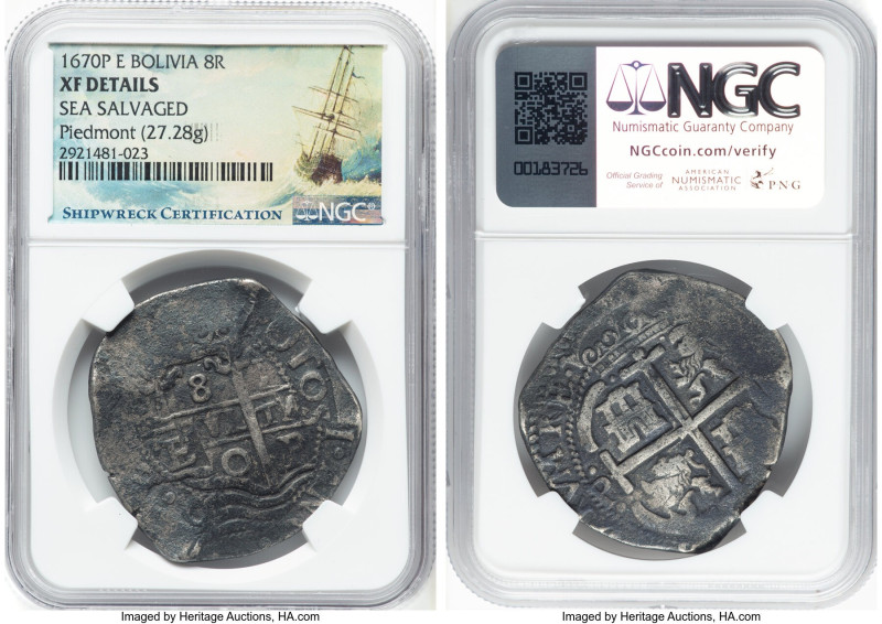 Charles II "Piedmont" Cob 8 Reales 1670 P-E XF Details (Sea Salvaged) NGC, Potos...