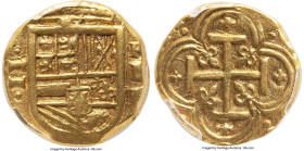 Philip IV gold Cob 2 Escudos (1628) RN-E AU58 PCGS, Cartagena mint, Cal-1757, Restrepo-M52-10. 6.01gm. Presenting the usual tight flan but showing sym...