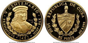 Republic gold Proof "New World 500th Anniversary - King Ferdinand V" 50 Pesos 1990 PR70 Ultra Cameo NGC, Havana mint, KM299. Ex. Emilio M. Ortiz Colle...