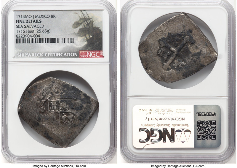 Philip V "1715 Fleet" Cob 8 Reales 1714 Mo-J Fine Details (Sea Salvaged) NGC, Me...