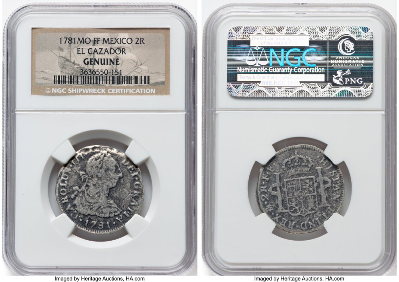 Charles III "El Cazador" 2 Reales 1781 Mo-FF Genuine NGC, Mexico City mint, KM88...