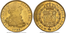 Charles III gold 8 Escudos 1783 Mo-FF MS62 NGC, Mexico City mint, KM156.2, Cal-2014. A honey toned piece with radiant luminosity over the crisply stru...