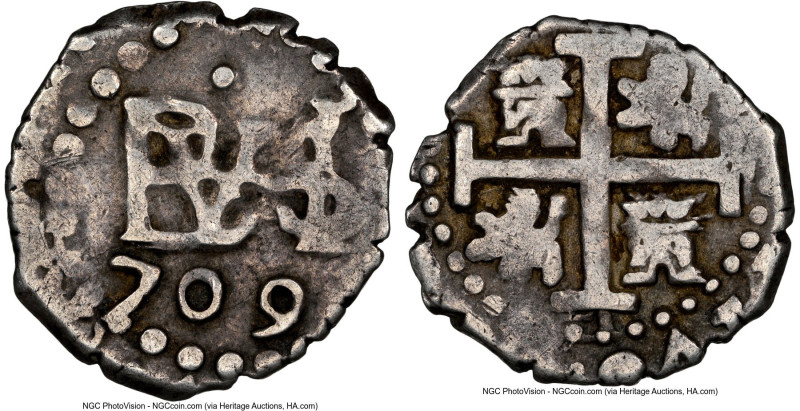 Philip V Cob 1/2 Real 1709-L VF30 NGC, Lima mint, KM30, Cal-138. 1.51gm. A very ...