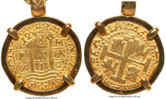 Philip V gold Cob 8 Escudos 1712 L-M AU (Mounted), Lima mint, KM38.2, Cal-2120. Total Weight: 92.98gm. Mounted in 18K gold. A ready-to-wear piece of t...