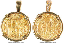 Charles & Johanna (1516-1556) gold Cob Escudo ND (before 1550) S-D XF (Mounted), Seville mint, Cal-199. Square D to left variety. Total weight with be...