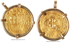Philip II gold Cob 2 Escudos ND (1566-1587) S-D XF (Mounted), Seville mint, Cal-828. Total weight: 14.68gm. Encased in an 18K gold mount. A ready-to-w...