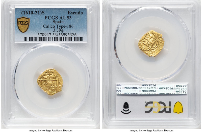 Philip III gold Cob Escudo ND (1610-1621)-S AU53 PCGS, Seville mint, KM42.2, Cal...