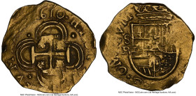 Philip III gold Cob 2 Escudos 1610 S-B AU Details (Reverse Rim Damage) NGC, Seville mint, KM20, Cal-1050. 6.72gm. OMNIVM type. Full Mint mark, assayer...