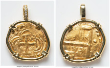 Charles II gold Cob 2 Escudos ND (1665-1700) AU (Mounted), Total weight: 12.24gm. Encased in a custom shaped diamond-adorned 18 karat gold mount. HID0...