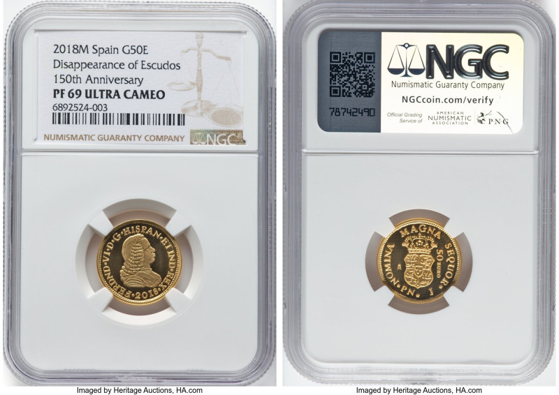 Juan Carlos I gold Proof "Disappearance of Escudos - 150th Anniversary" 50 Euros...
