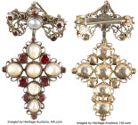 Pearl and Garnet silver Cross Pendant-Brooch (ca. 1780-1820), 410x190mm. Total Weight: 13.53gm. Accompanied by COA. This Georgian pendant features sev...