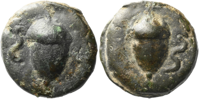 Semuncia circa 265, AE 22 mm, 13.42 g. Acorn; in r. field, Σ. Rev. Acorn; in fie...
