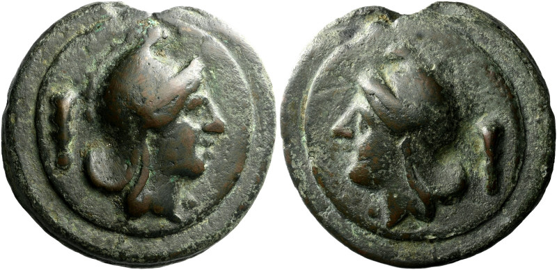 As circa 230, Æ 67 mm, 251.4 g. Helmeted head of Roma r., behind, club. Rev. Hel...