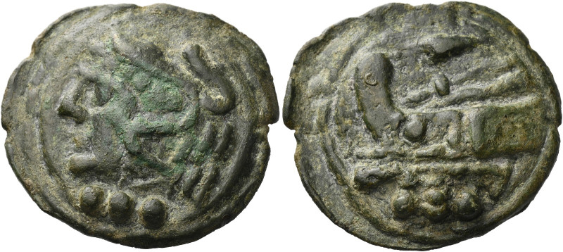 Quadrans, Sicily circa 216, Æ 36 mm, 38.07 g. Head of Hercules l.; below, three ...