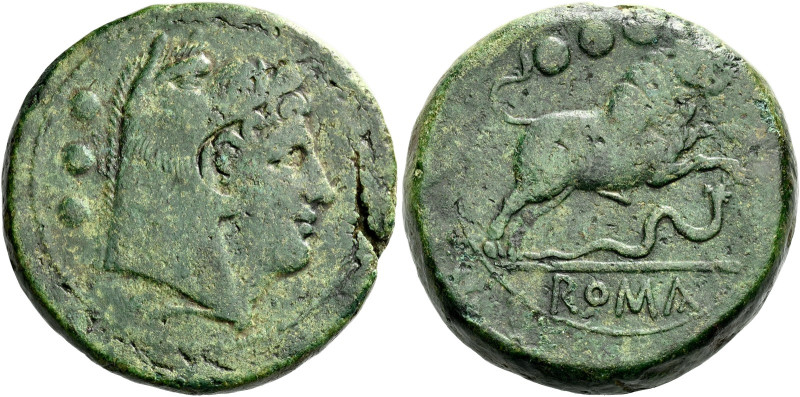 Quadrans circa 217-215, Æ 34 mm, 34.84 g. Head of Hercules r., wearing boar's sk...