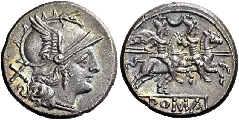 Denarius circa 207, AR 19 mm, 3.72 g. Helmeted head of Roma r.; behind, X. Rev. ...