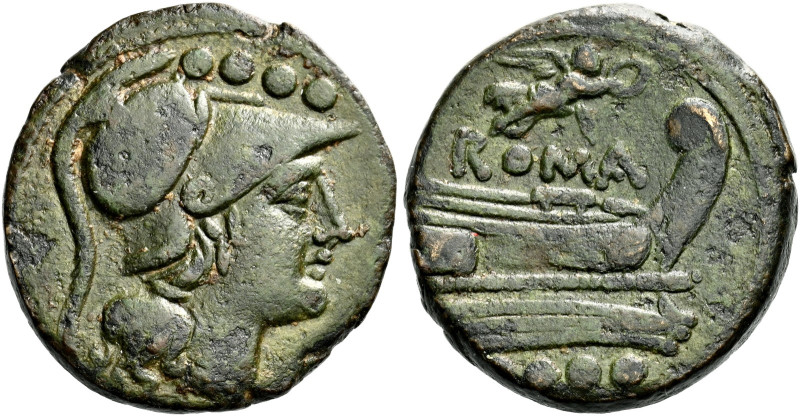 Triens, Central Italy circa 211-208, AE 22 mm, 8.82 g. Helmeted head of Minerva ...