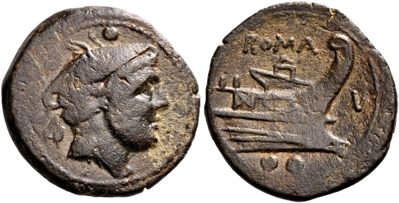 Sextans, South East Italy circa 211-210, AE 20 mm, 4.14 g. Head of Mercury r.; a...