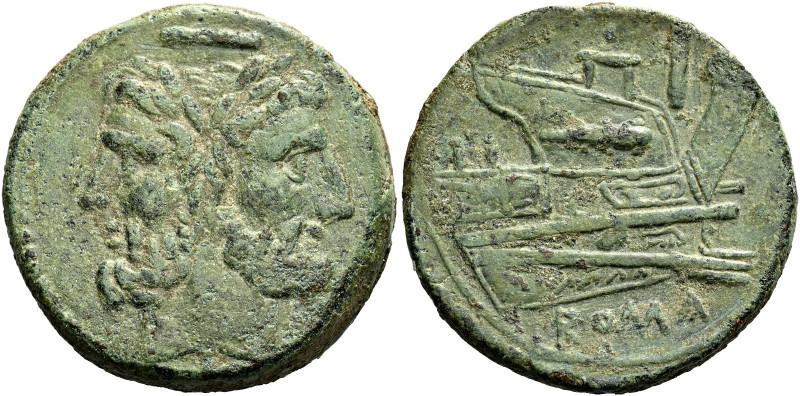 As, Luceria 211-207, Æ 28 mm, 17.67 g. Laureate head of Janus; above, mark of va...