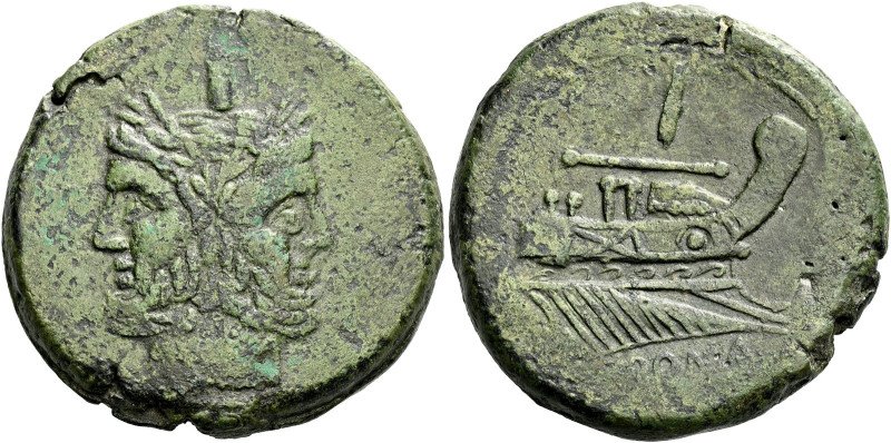 As, Central Italy circa 208, Æ 36 mm, 36.68 g. Laureate head of Janus; above, ma...