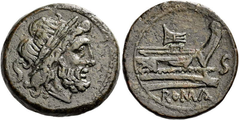 Semis after 82 BC, Æ 27 mm, 15.42 g. Laureate head of Saturn r.; behind, S. Rev....