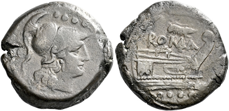 Triens circa 206-195, Æ 24 mm, 13.83 g. Helmeted head of Minerva r.; above, four...