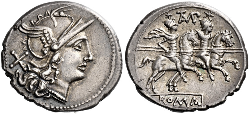 Denarius circa 194-190, AR 20 mm, 3.64 g. Helmeted head of Roma r.; behind, X. R...