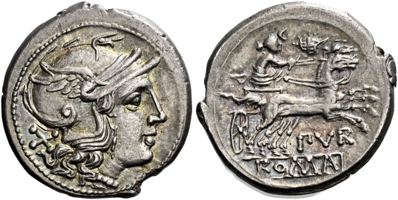 Furius Purpurio. Denarius circa 169-158, AR 18 mm, 3.24 g. Helmeted head of Roma...