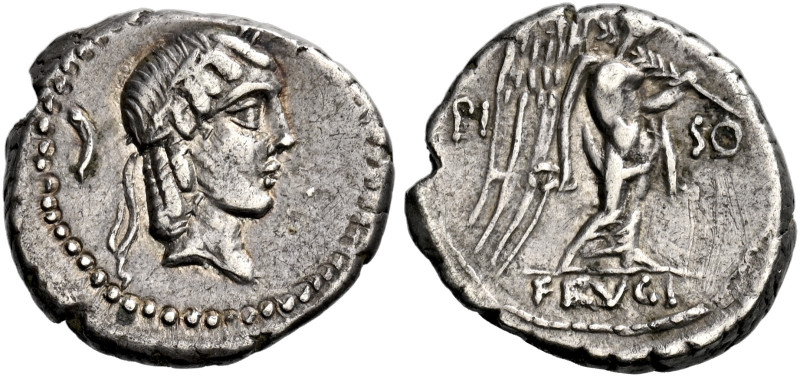 L. Piso Frugi. Quinarius 90, AR 15 mm, 2.09 g. Laureate head of Apollo r.; behin...