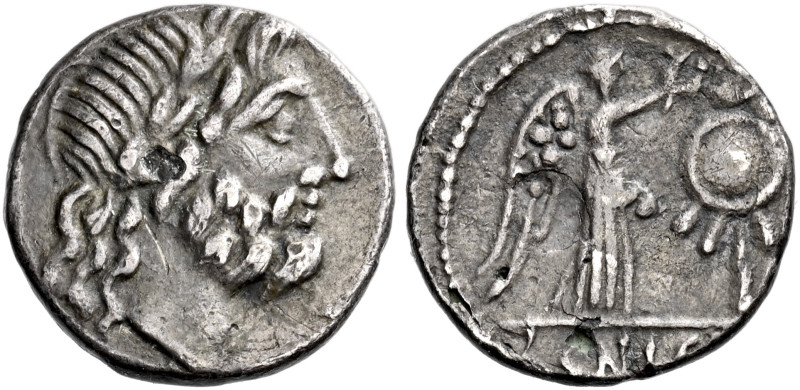 Cn. Cornelius Lentulus Clodianus. Quinarius 88, AR 14 mm, 1.13 g. Laureate head ...