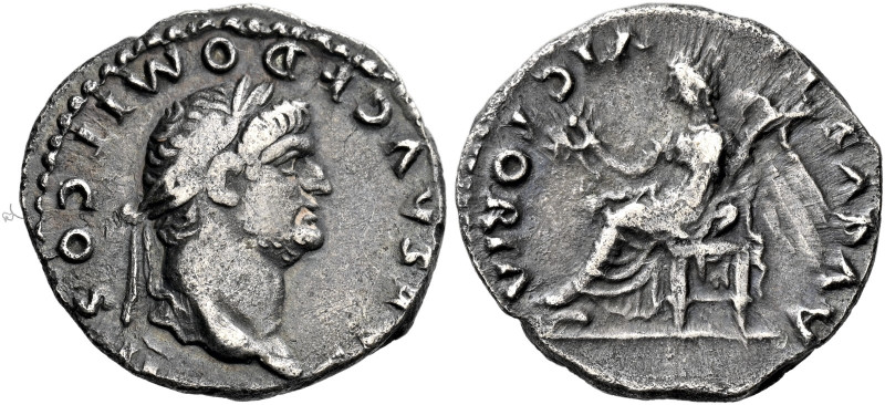 Domitian caesar, 69–81 

Quinarius 73, AR 17 mm, 1.53 g. [CA]ES AVG F DOMIT CO...