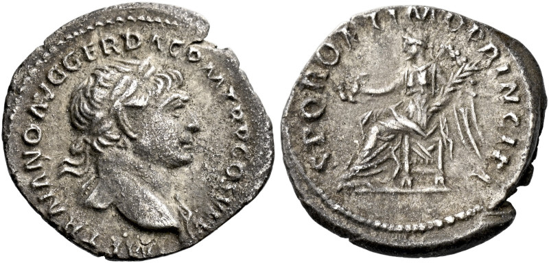 Trajan augustus, 98–117 

Quinarius circa 105-107, AR 16 mm, 1.31 g. IMP TRAIA...